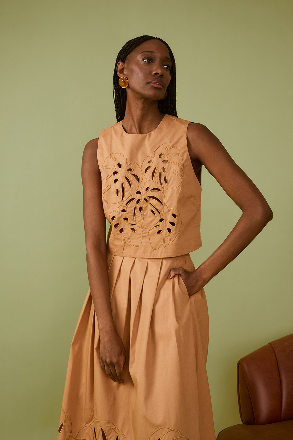 Beige Leme Foliage Embroidered Cotton Blouse