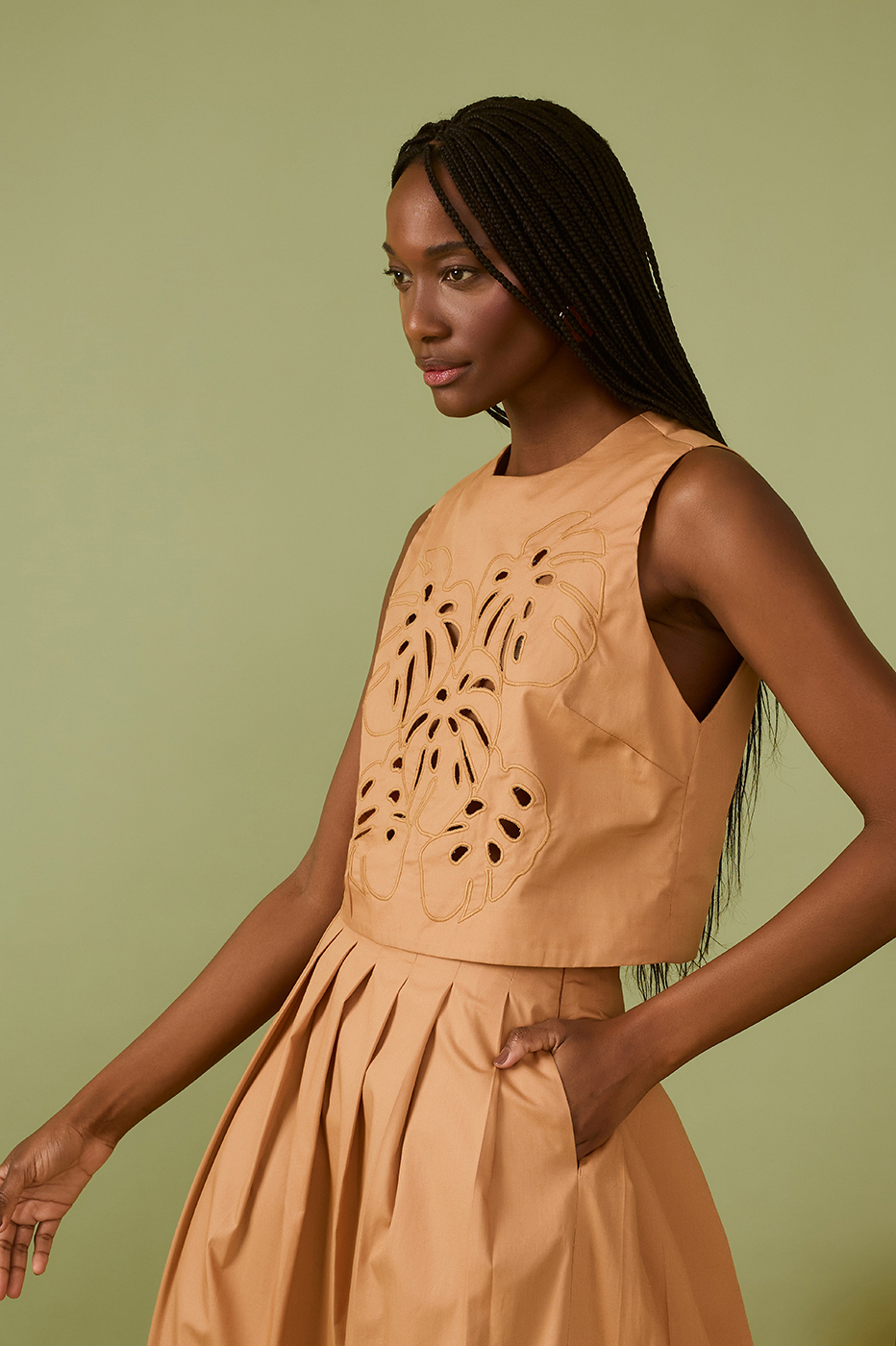 Beige Leme Foliage Embroidered Cotton Blouse