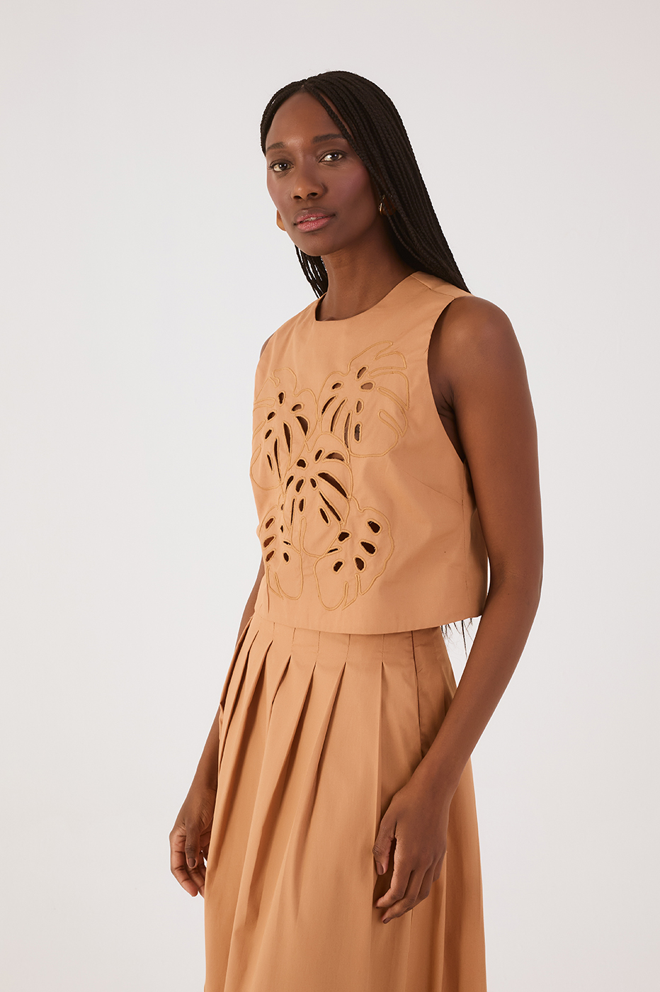 Beige Leme Foliage Embroidered Cotton Blouse