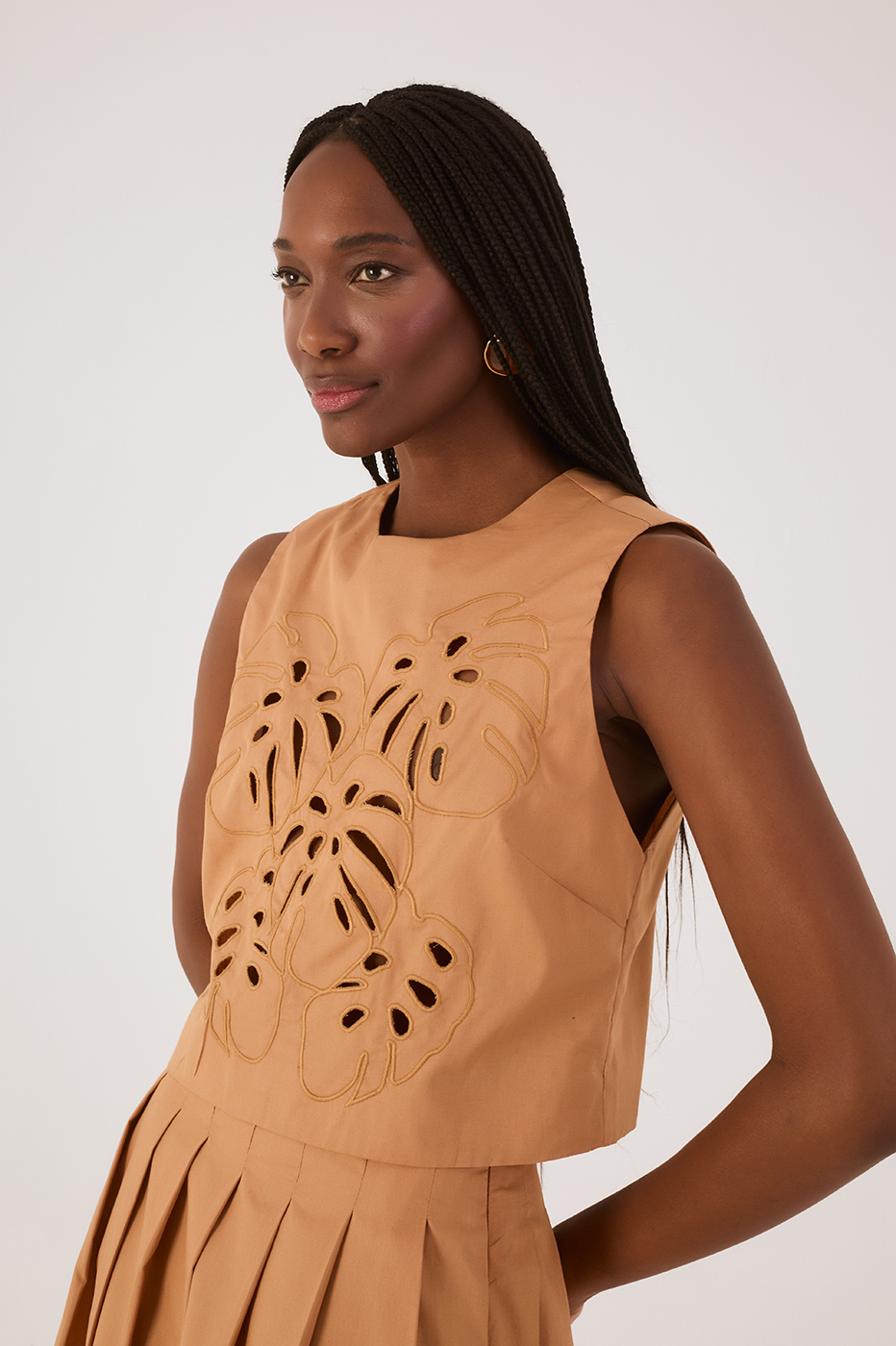 Beige Leme Foliage Embroidered Cotton Blouse