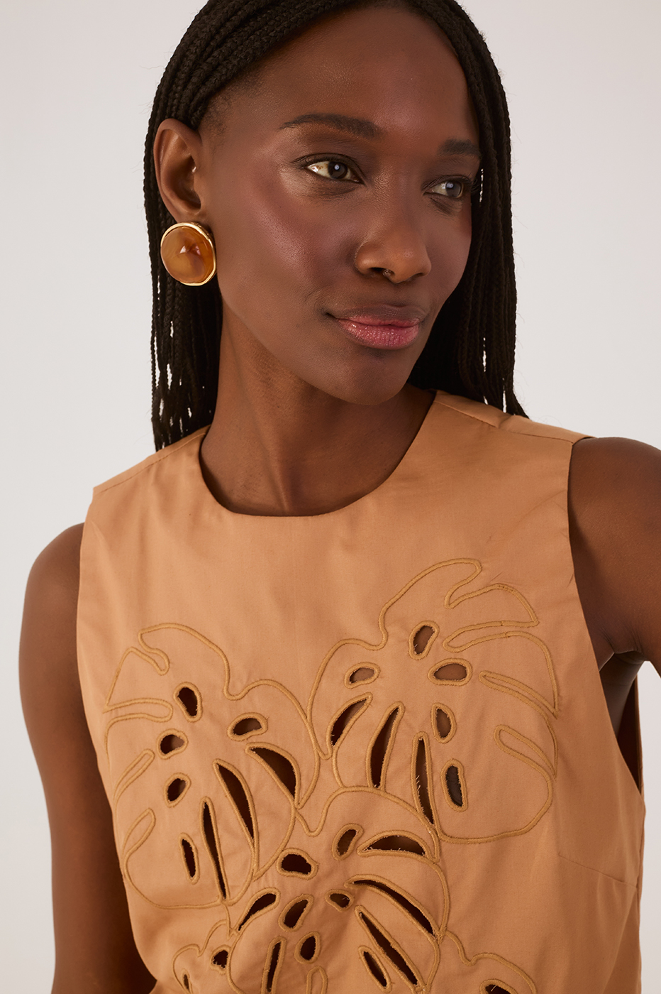 Beige Leme Foliage Embroidered Cotton Blouse