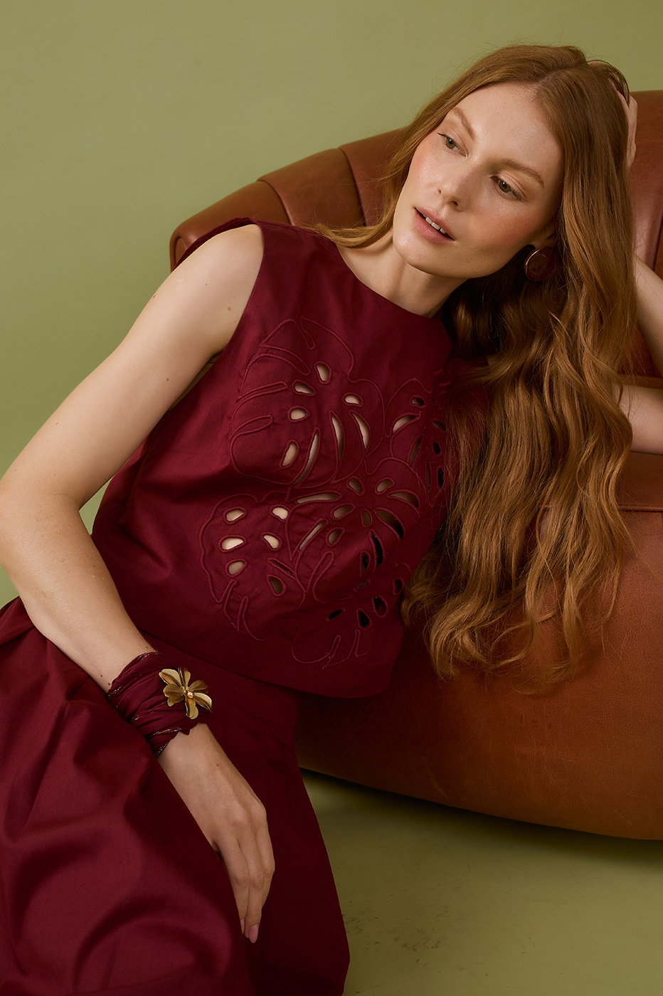 Wine Bossa Foliage Embroidered Cotton Blouse