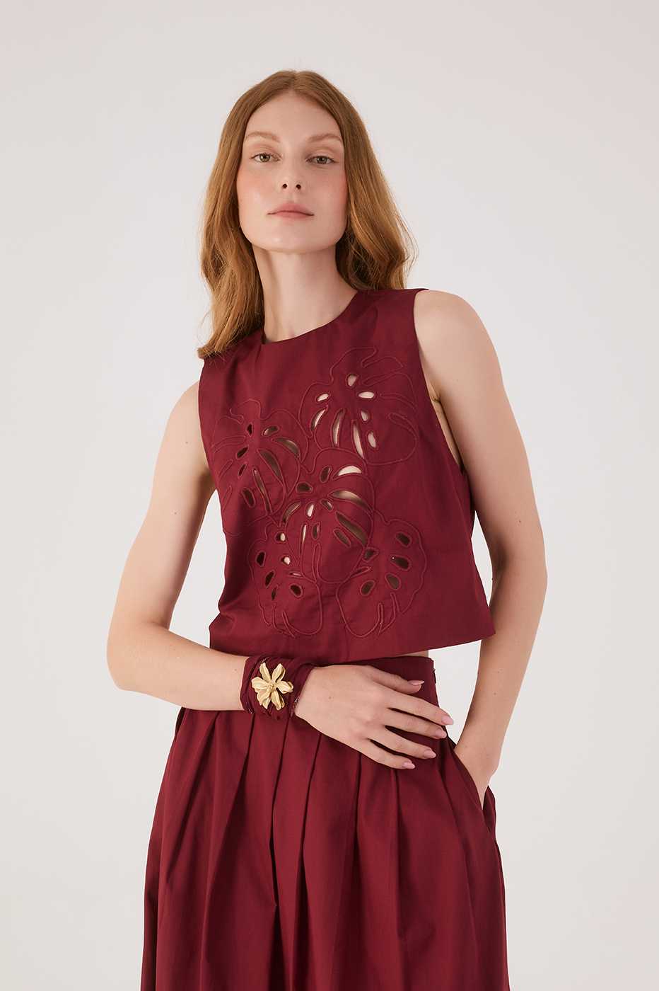 Wine Bossa Foliage Embroidered Cotton Blouse