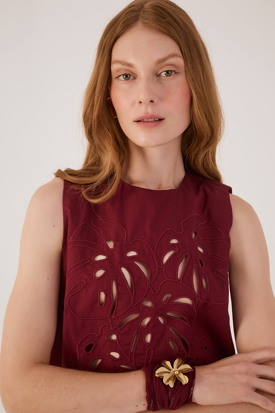 Wine Bossa Foliage Embroidered Cotton Blouse