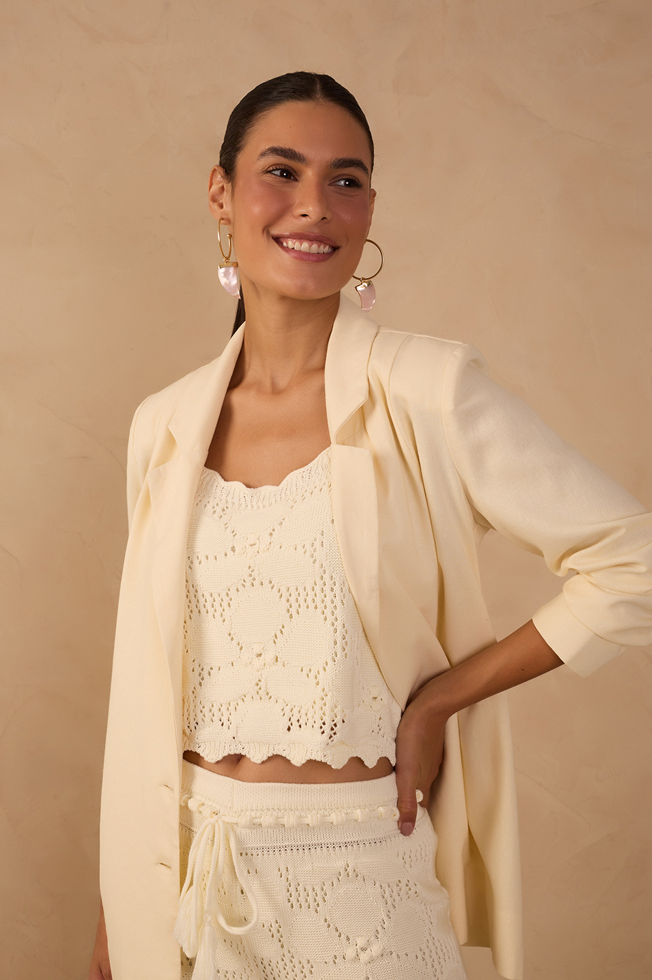 Beige Square Neck Sleeveless Tricot Blouse_1