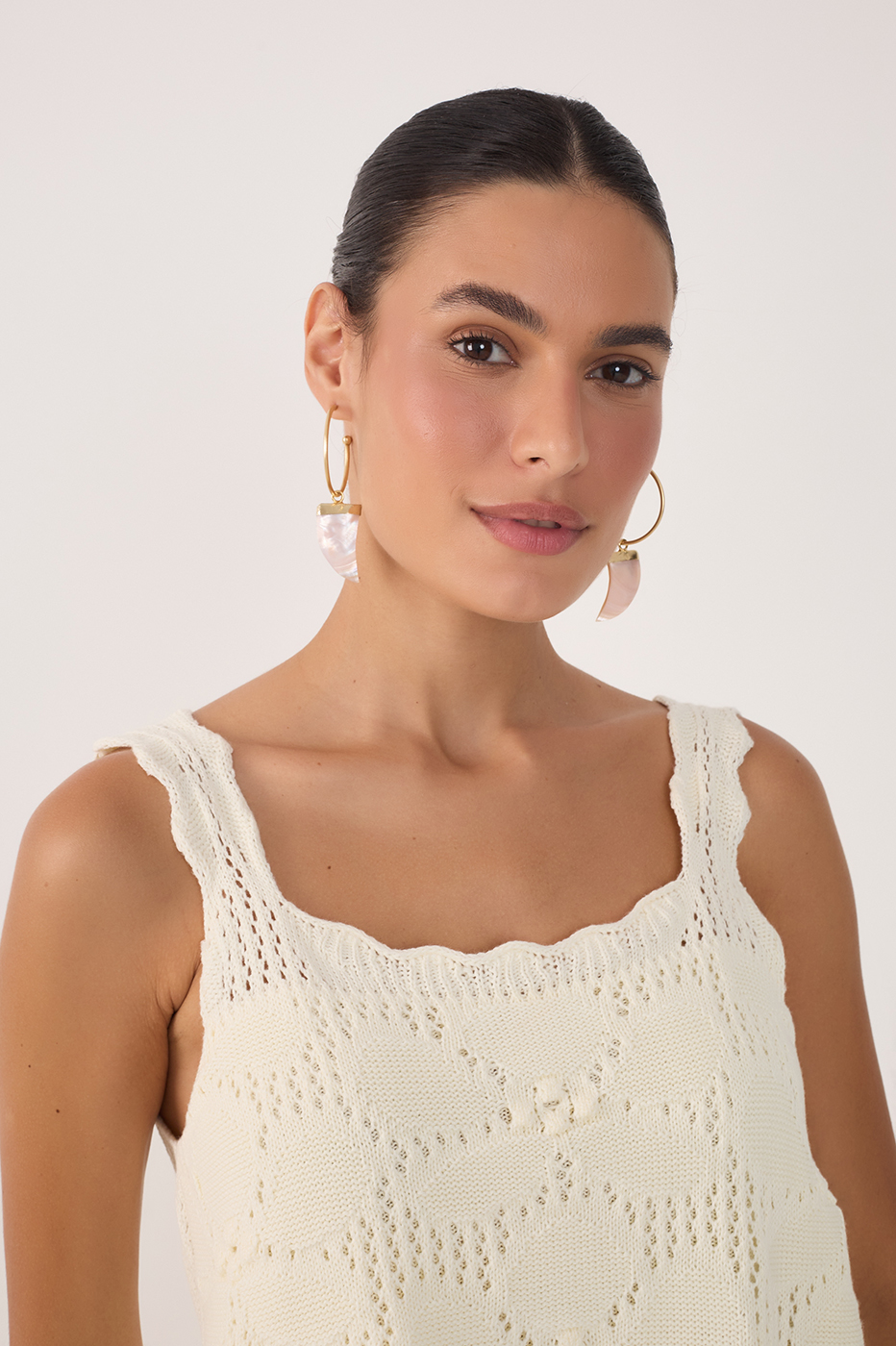 Beige Square Neck Sleeveless Tricot Blouse_4