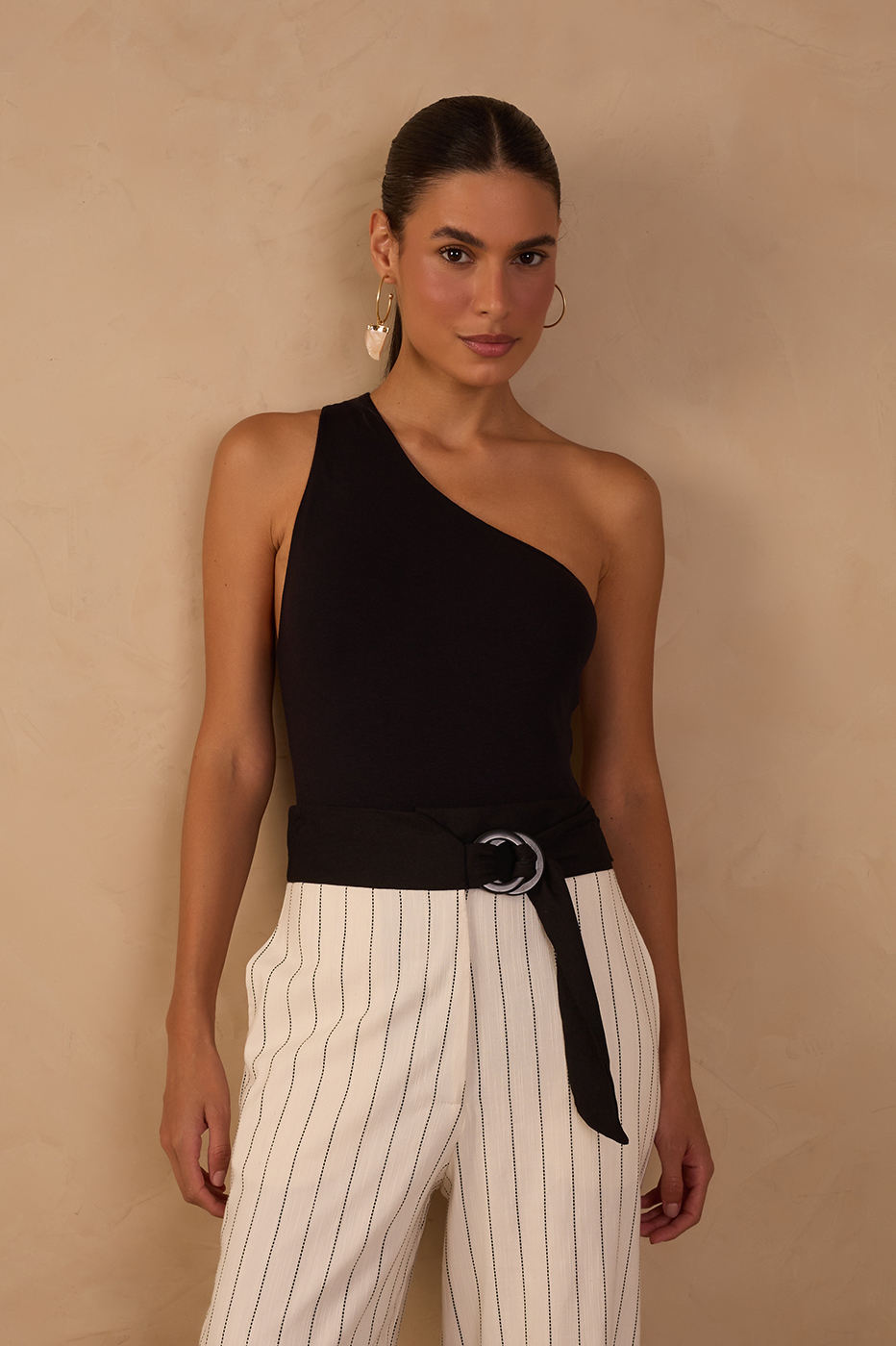 Black One-Shoulder Crepe Bodysuit_1