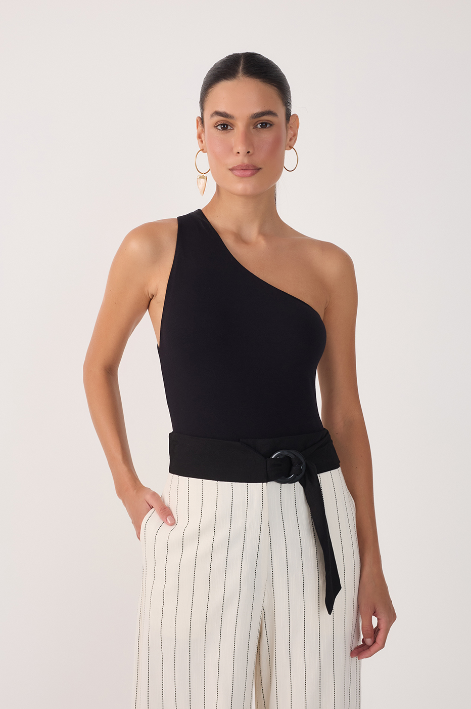 Black One-Shoulder Crepe Bodysuit_2