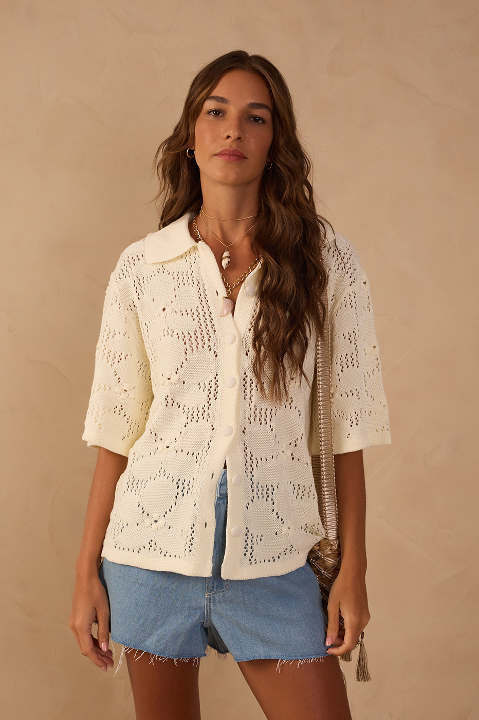 Beige Buttoned Short Sleeve Tricot Shirt