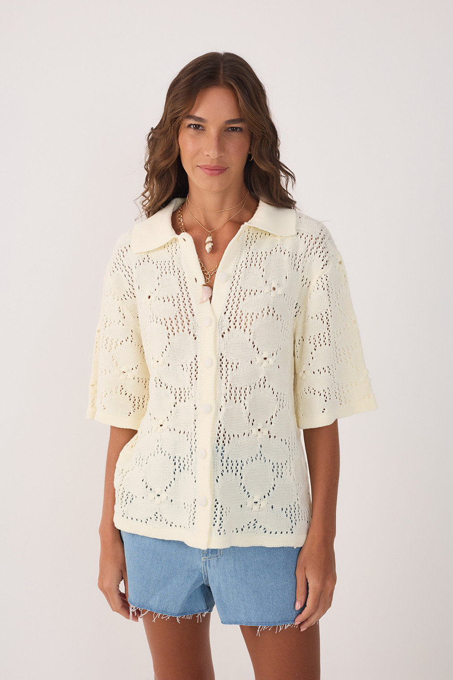 Beige Buttoned Short Sleeve Tricot Shirt