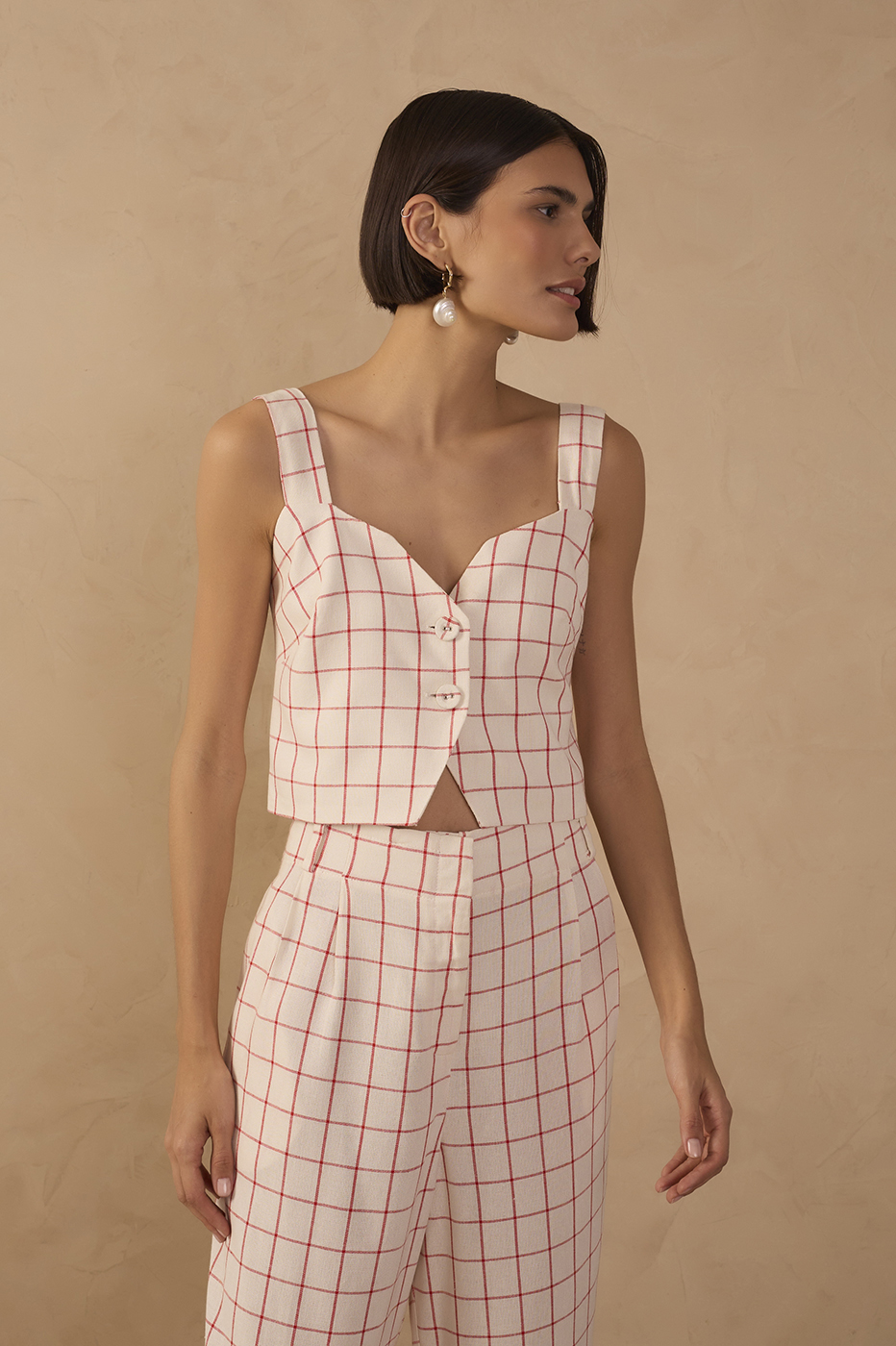 Off-White Plaid Buttoned Linen Blouse