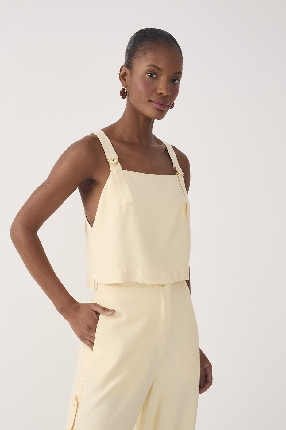 Beige Straight Neck Buckle Strap Blouse_2