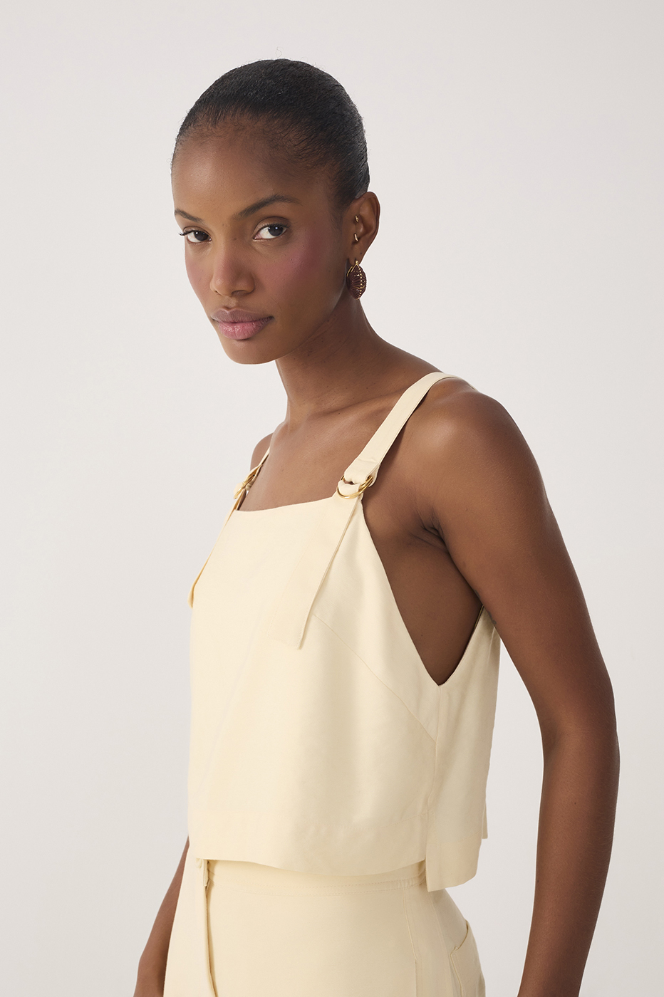 Beige Straight Neck Buckle Strap Blouse_3