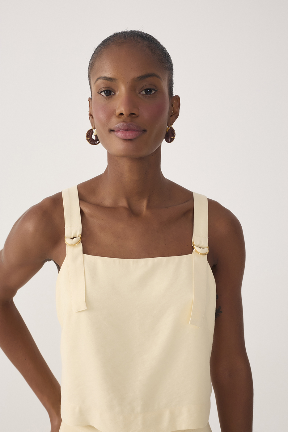 Beige Straight Neck Buckle Strap Blouse
