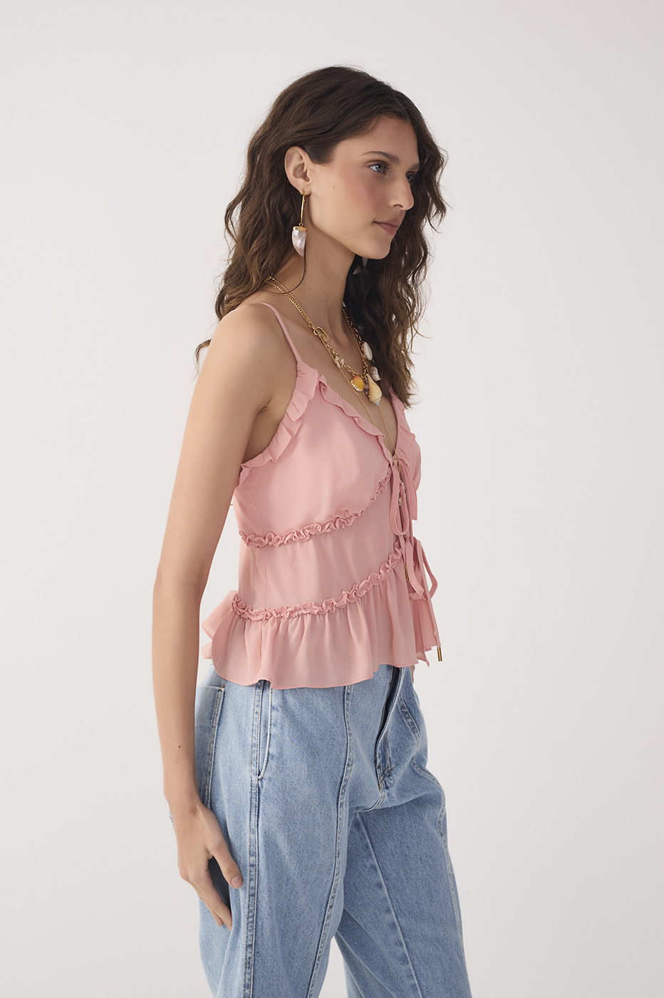 Pink Brisa Front Ties Ruffled Sleeveless Blouse_3