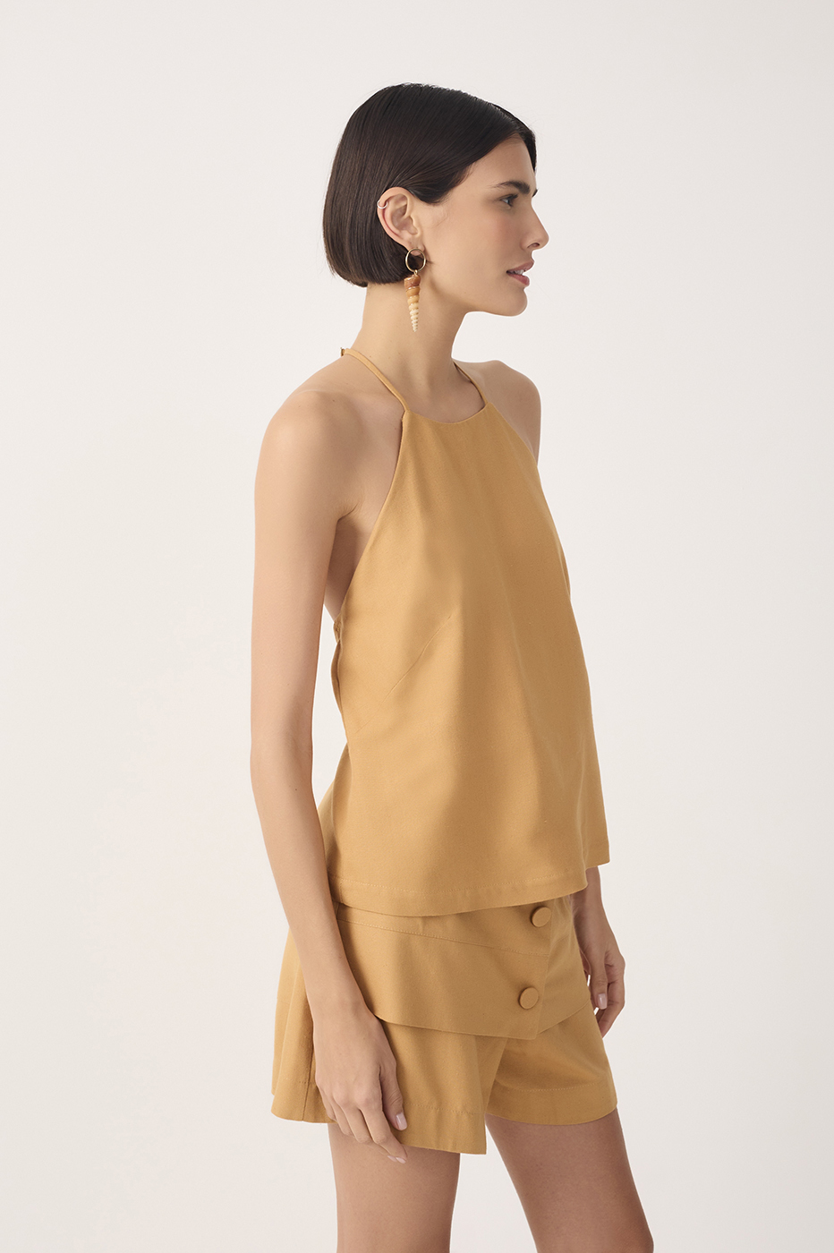 Beige Halter Neck Linen Blouse_3