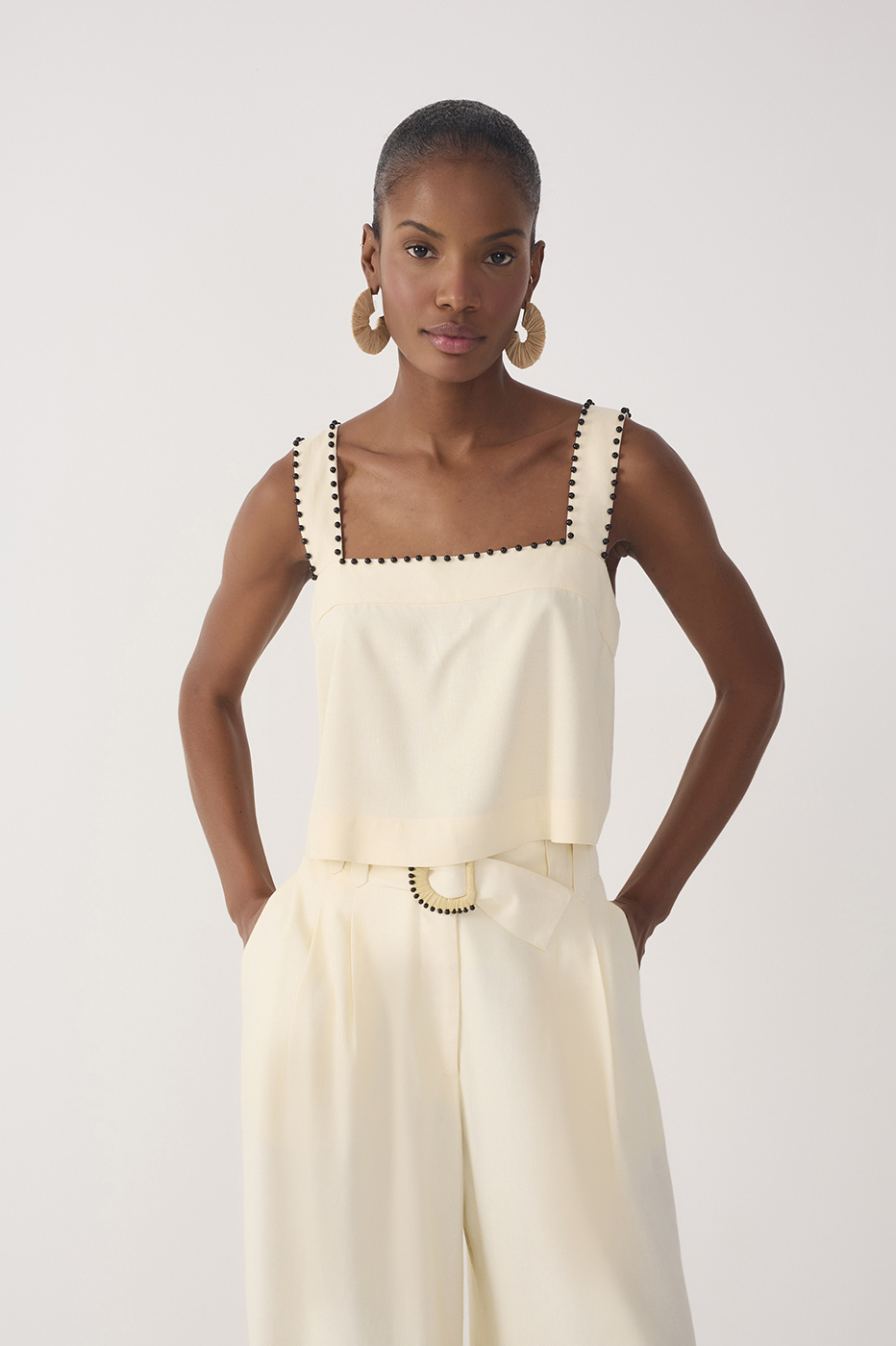 Beige Sleeveless Beading Linen Blouse_2