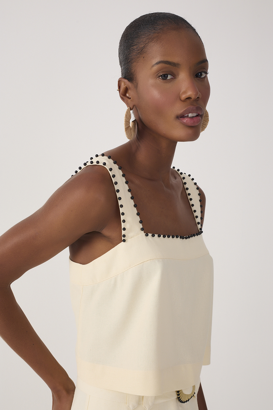 Beige Sleeveless Beading Linen Blouse