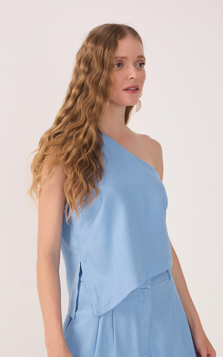 Blue One-Shoulder Asymmetric Linen Blouse_4