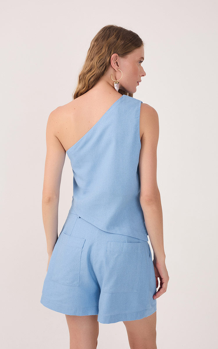 Blue One-Shoulder Asymmetric Linen Blouse_5