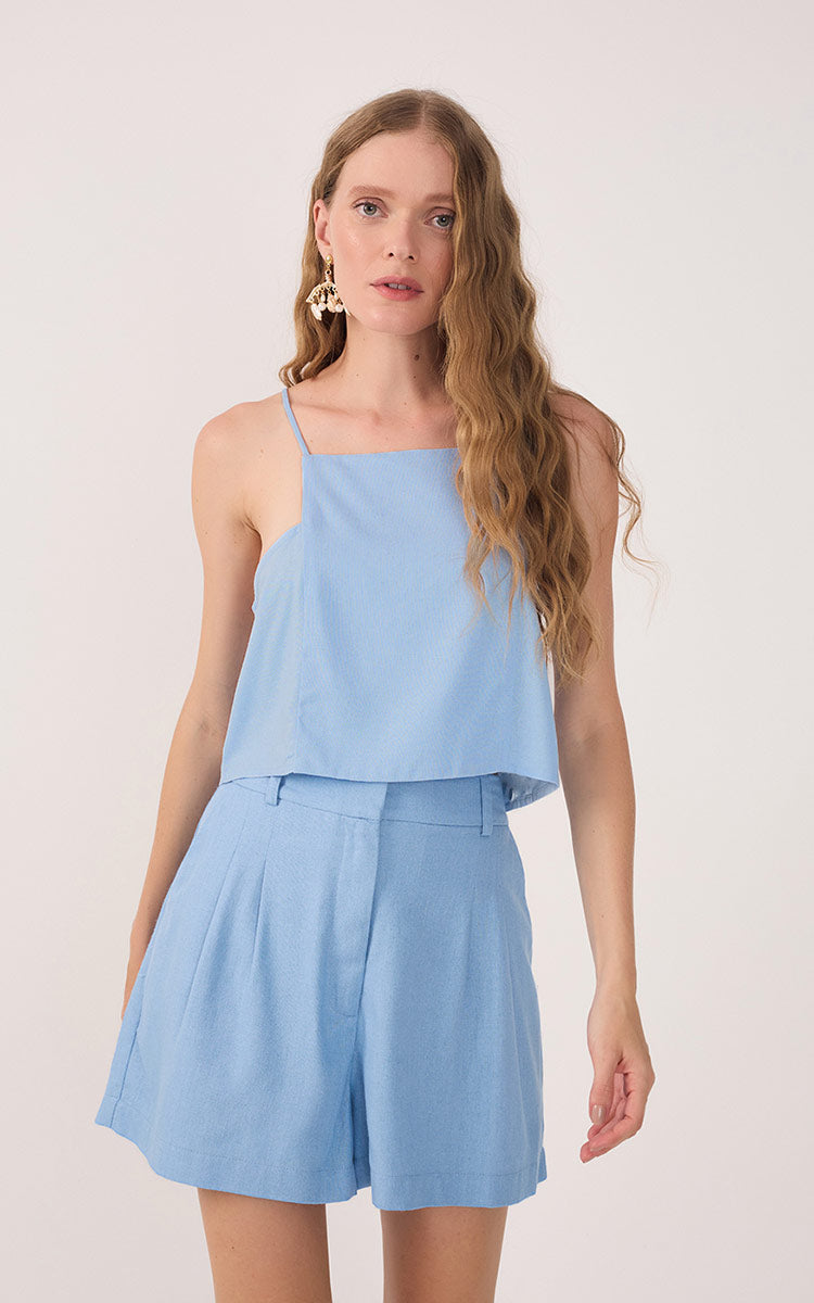 Blue Square Neck Sleeveless Linen Blouse_2
