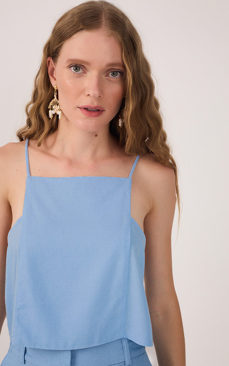 Blue Square Neck Sleeveless Linen Blouse_4