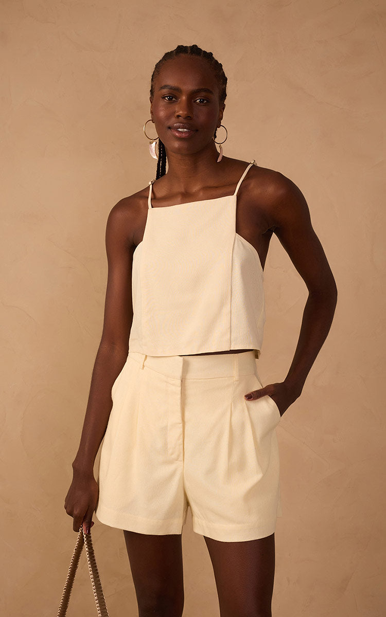 Beige Square Neck Sleeveless Linen Blouse_1