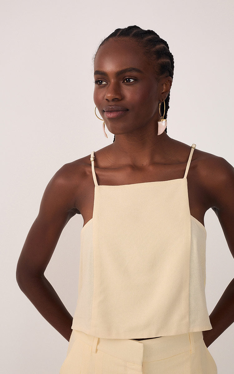 Beige Square Neck Sleeveless Linen Blouse_4