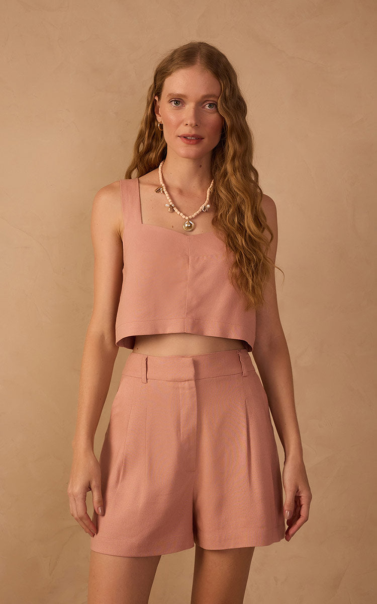 Pink V Neck Sleeveless Linen Blouse_1