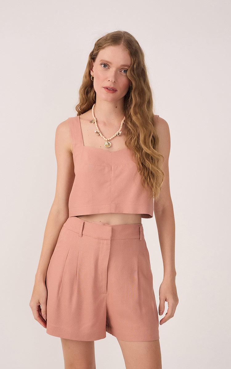 Pink V Neck Sleeveless Linen Blouse_2