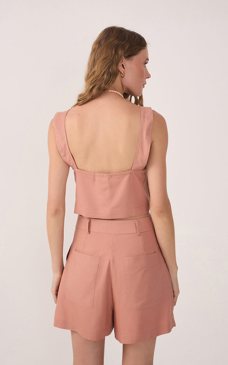 Pink V Neck Sleeveless Linen Blouse_4