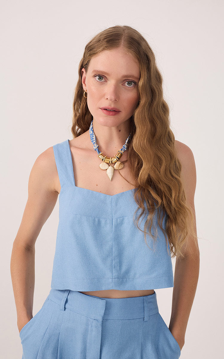 Blue V Neck Sleeveless Linen Blouse_3