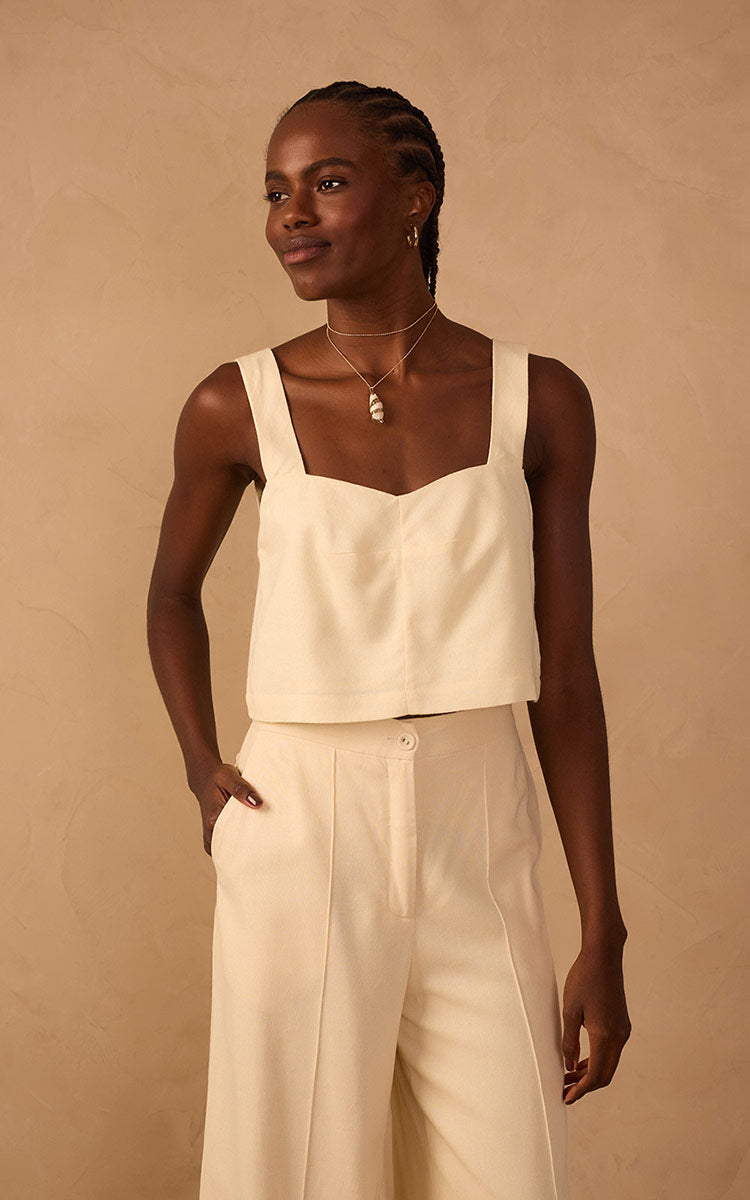 Beige V Neck Sleeveless Linen Blouse_1