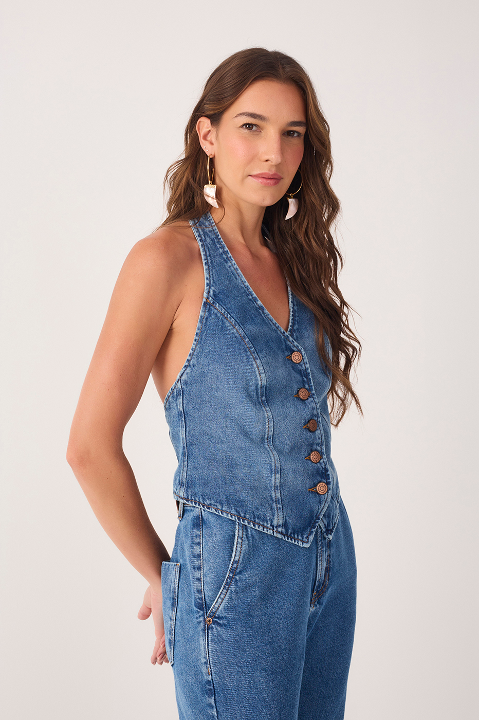 Denim V Neck Buttoned Vest Blouse