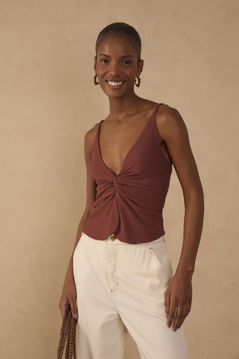 Brown Twisted Front Crepe Blouse_1