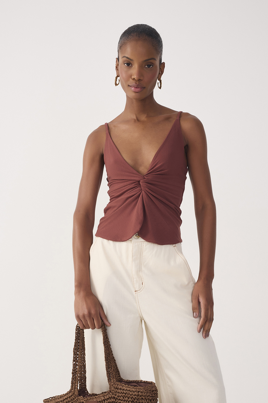Brown Twisted Front Crepe Blouse_2