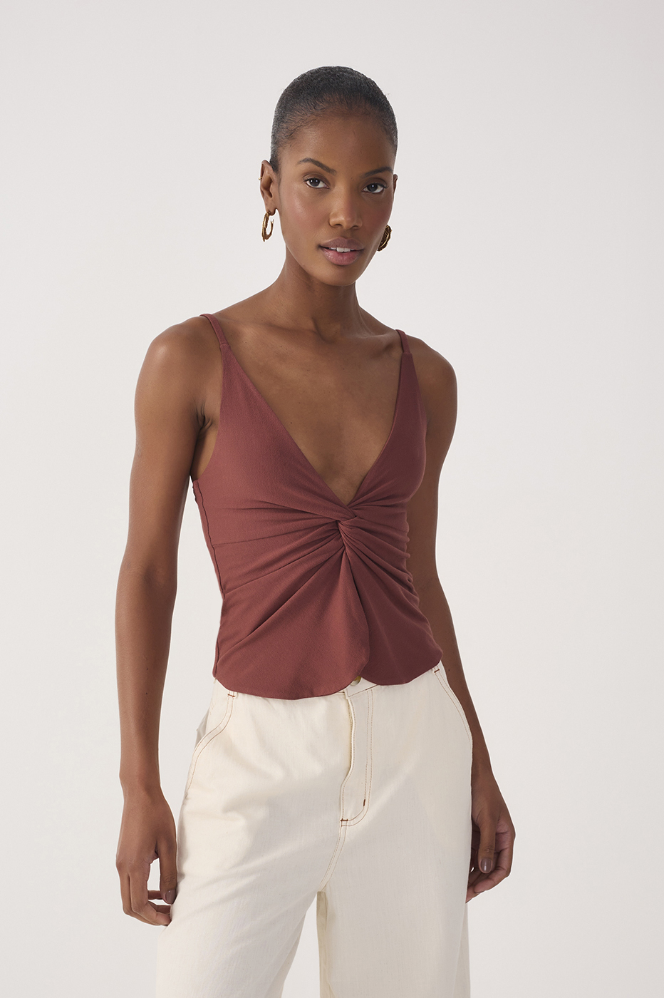 Brown Twisted Front Crepe Blouse_3