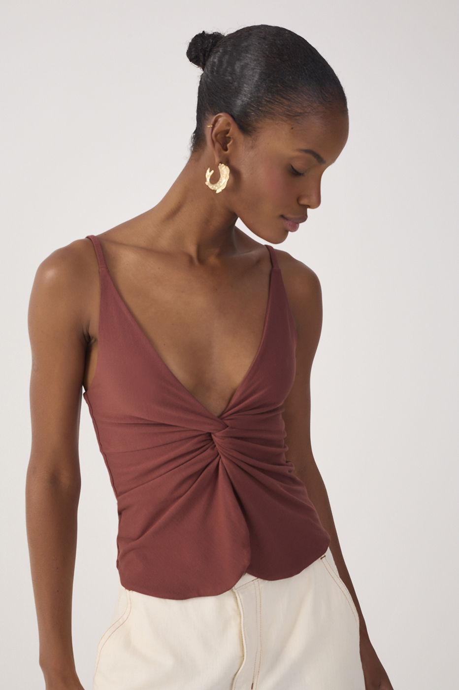 Brown Twisted Front Crepe Blouse