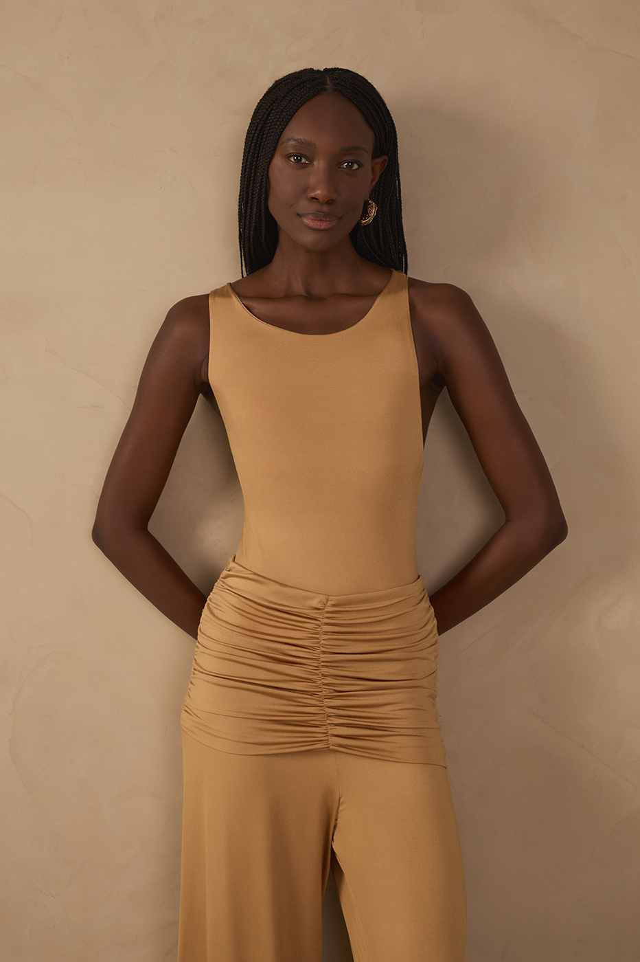 Beige Open Back Cut-Out Bodysuit_1