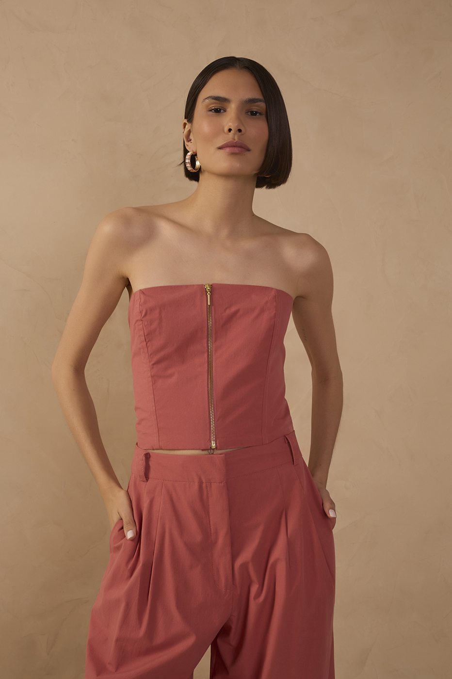 Strapless Front Zipper Smock Cotton Top_1