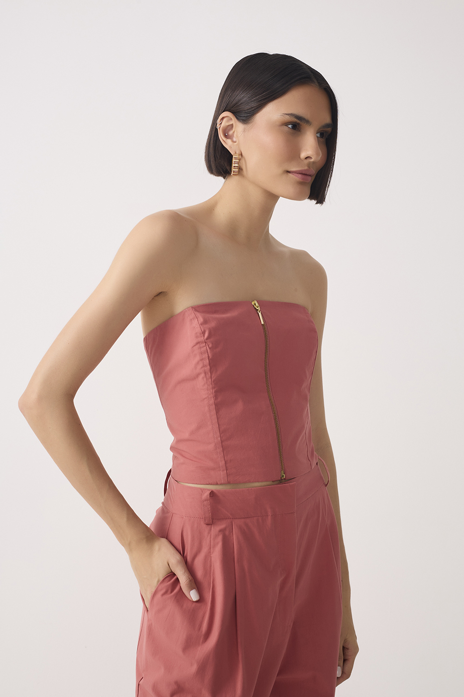 Strapless Front Zipper Smock Cotton Top_3