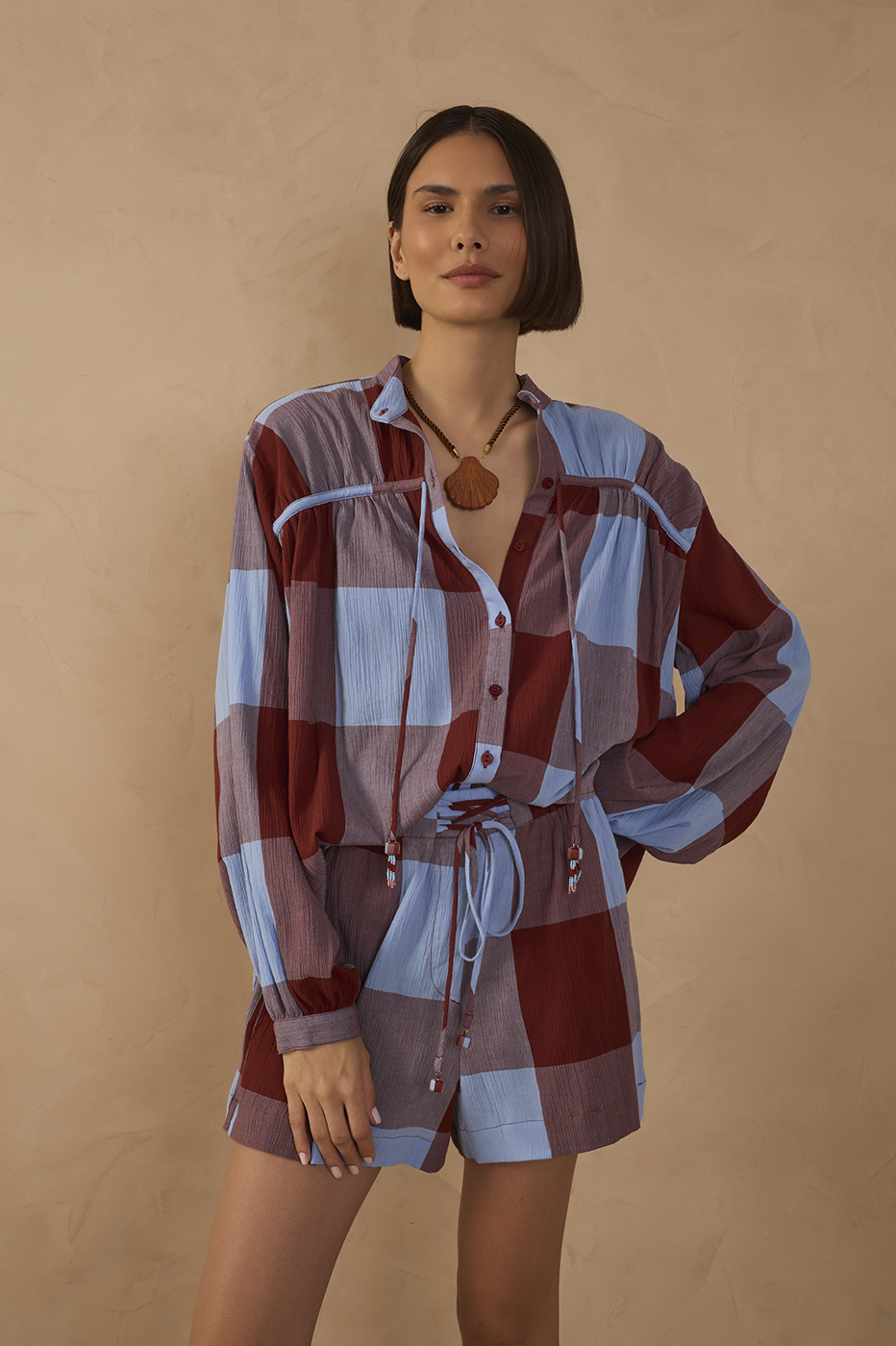 Marias Plaid Front Ties Buttoned Shirt_1