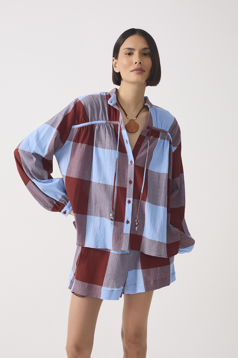 Marias Plaid Front Ties Buttoned Shirt_3