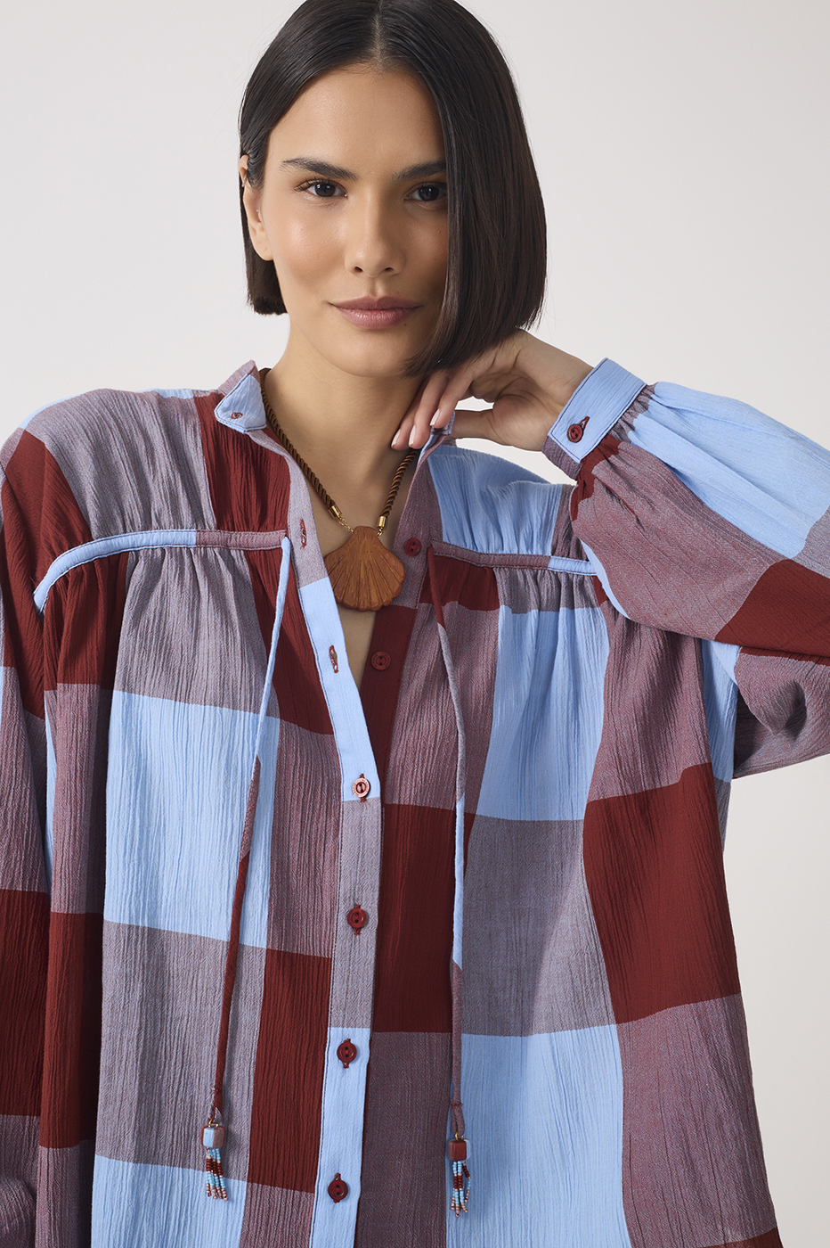 Marias Plaid Front Ties Buttoned Shirt_5
