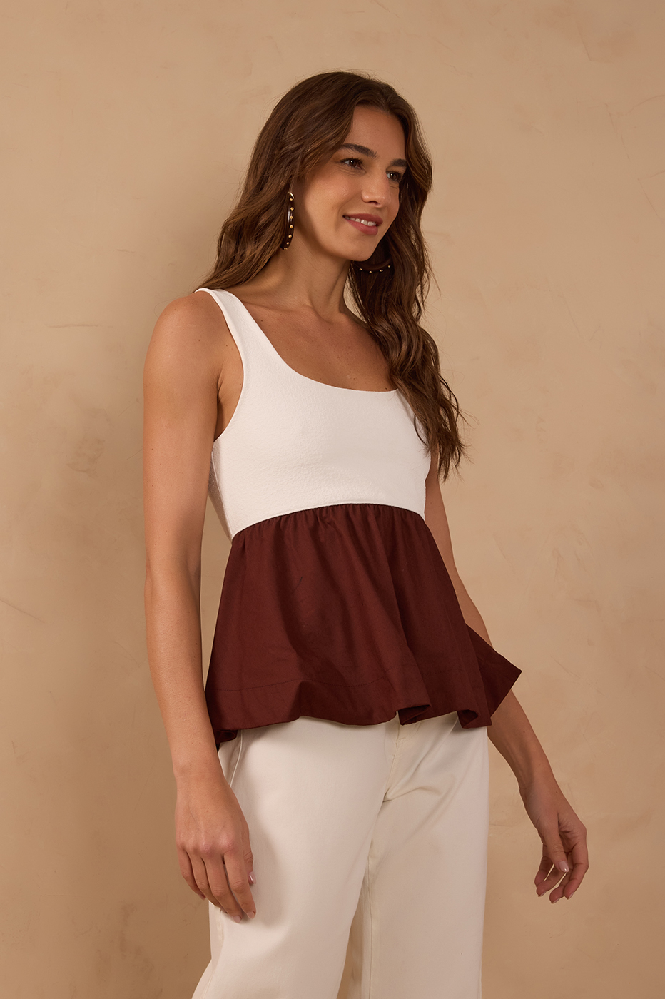 Brown Bicolor Round Neck Peplum Top_1