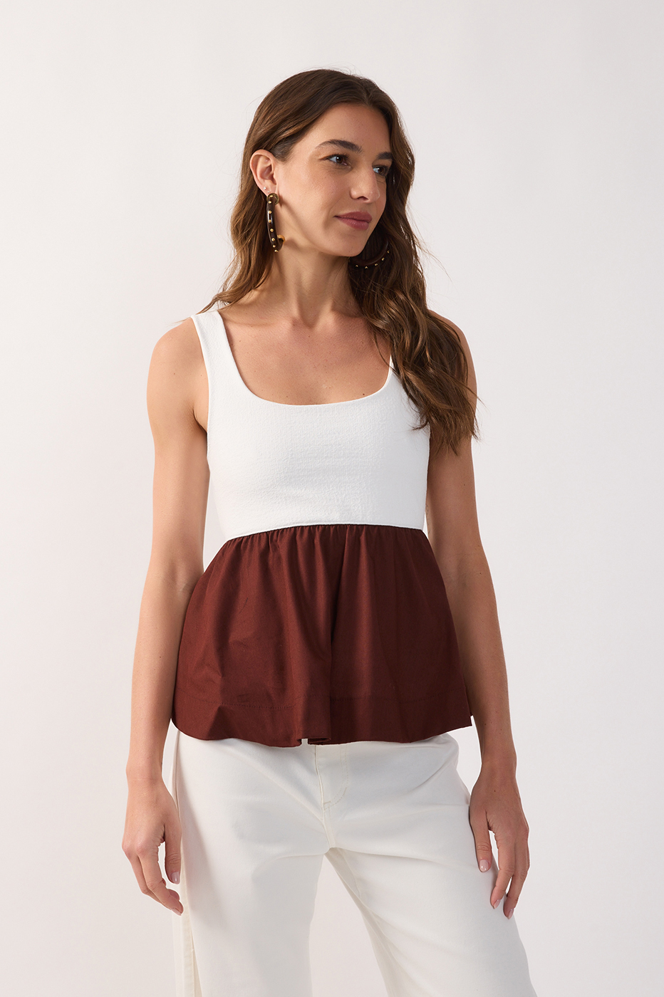 Brown Bicolor Round Neck Peplum Top_2