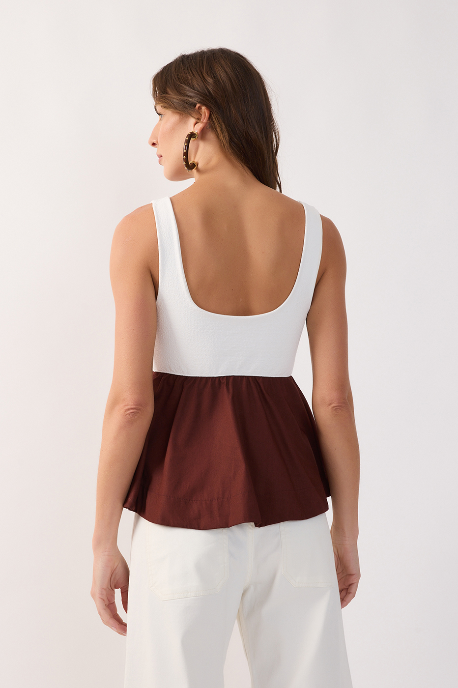 Brown Bicolor Round Neck Peplum Top_5