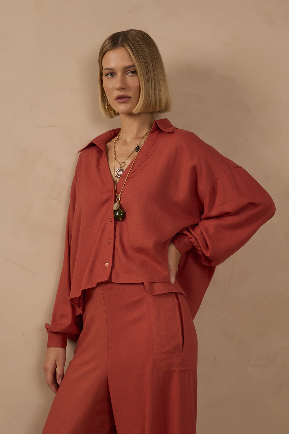 Brown Collared V Neck Buttoned Shirt_1