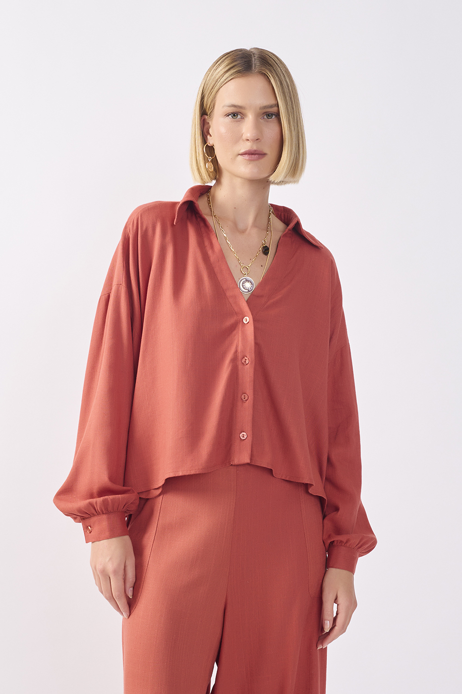 Brown Collared V Neck Buttoned Shirt_2