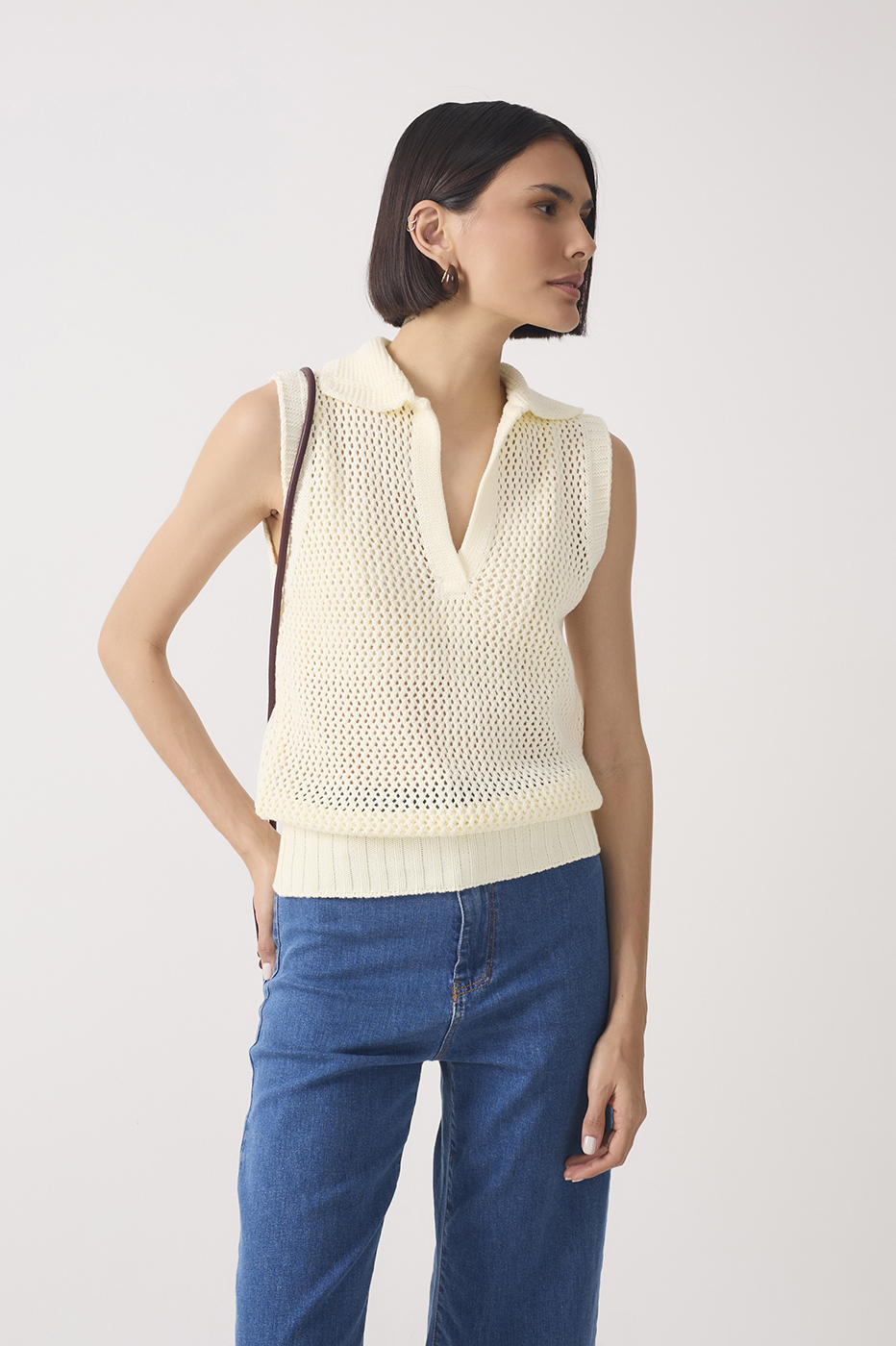 Collared V Neck Sleeveless Tricot Blouse_2